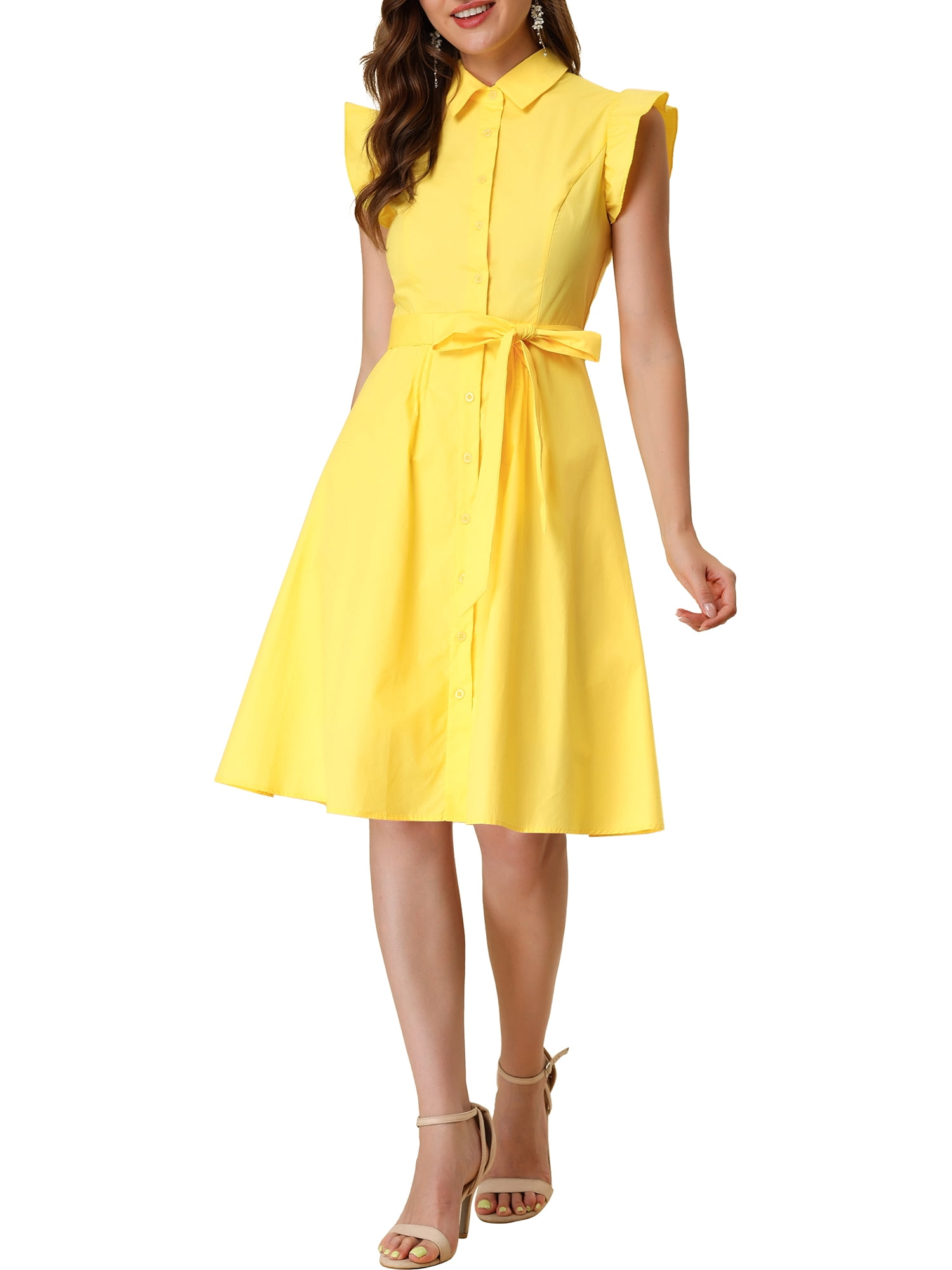 INSPIRE CHIC Robe-Chemise pour Femme Manches Cap Pointes Col à Pointes Taille à Nouer Boutons Mi-Longue Jaune m