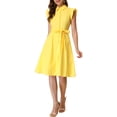 thumbnail image 1 of INSPIRE CHIC Robe-Chemise pour Femme Manches Cap Pointes Col à Pointes Taille à Nouer Boutons Mi-Longues Jaune TP, 1 of 7