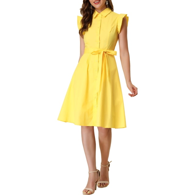 INSPIRE CHIC Robe-Chemise pour Femme Manches Cap Pointes Col à Pointes Taille à Nouer Boutons Mi-Longues Jaune TP