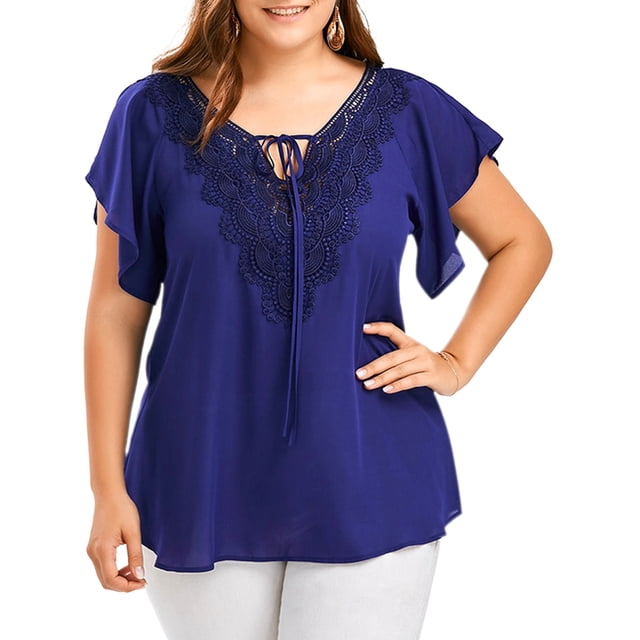 MAWCLOS Ladies Tunic Blouse V Neck T Shirt Short Sleeve Chiffon Tops Oversized Holiday Solid Color T-shirt Blue XXL