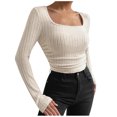 thumbnail image 1 of AherBiu Crop Tops for Women Ribbed Flare Long Sleeve Square Neck Slim Tight Basic Spring Shirt Blouse, 1 of 7