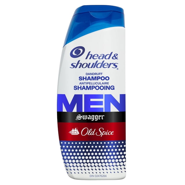 Head & Old Spice Swagger Shoulder Shampoing Antipelliculaire pour Hommes en Bouteille Blanche avec Capuchon Bleu à Rabat, avec Texte Bleu et Noir, Bande de logo Old Spice Rouge et Motif à Pois Bleus au Bas, Formulé pour le Contrôle des Pellicules et la Santé du Cuir Chevelu.