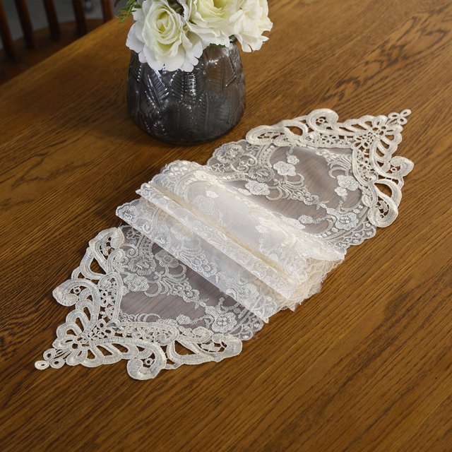 maskred Polyester Retro Flower Lace Long Tablecloth Lightweight And Durable Estates Decorative Tablecloth Champagne 26*180CM