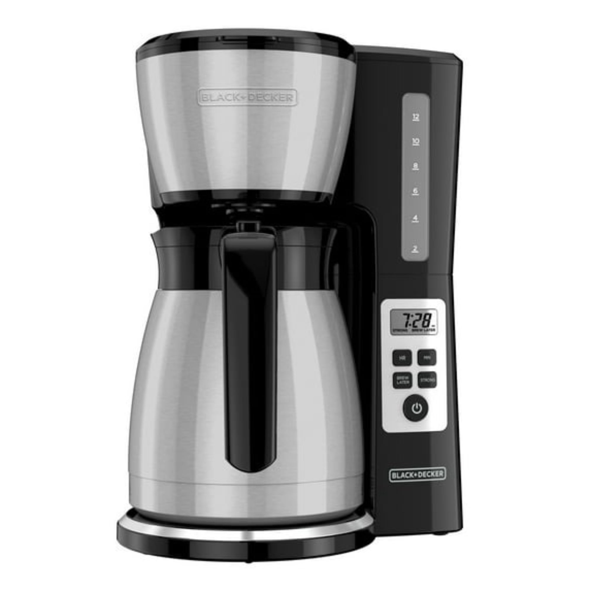 Refurbished BLACK+DECKER 12 Cup Thermal Programmable Coffee Maker w/Brew Strength & VORTEX Technology, Black/Steel