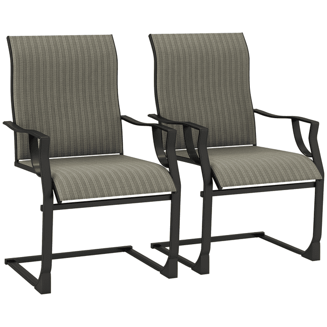Outsunny Ensemble de 2 Chaises de Patio, Chaises de Salle à Manger d'Extérieur à Mouvement à Ressort en C Grises. Ces Chaises Dotées d'Un Cadre en Métal en Forme de U, d'Un Tissu en Maille Respirant et d'Un Dossier Profilé pour le Confort. Conçues avec un Mouvement de Micro-balancement de 15°, et des Accoudoirs, Elles Sont Idéales pour les patios, Terrasses et Balcons. Dimensions : 23,6 Pouces de Large, 27,4 Pouces de Profondeur et 39 Pouces de Hauteur. Capacité de Charge Maximale : 265 Lb.