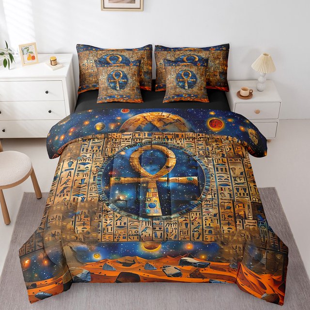 Erosebridal Literie Égyptienne Ancienne Format Simple, Ensembles de Douillette Hiéroglyphes Tribaux d'Égypte avec Draps, Réversible 7 Pcs