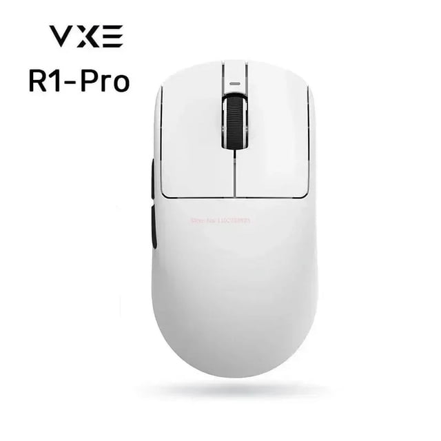 Vxe Dragonfly R1 Pro Max Wireless Bluetooth Mouse in white, featuring a lightweight design at 54g, equipped with a PAW3395 sensor and Nordic 52840 chip. Offers multiple connection modes including wired, 2.4G, and Bluetooth, with a continuous working range of up to 150 hours. Compact size of 120.6mm x 64.0mm x 37.8mm, compatible with Windows, macOS, Linux, and Chrome OS.