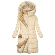 Frostluinai Womens Winter Thicked Puffer Jackets Warm Full Zip Hooded Quilted Coats Solid Long Parka Jackets Casual Outerwear with Pocket