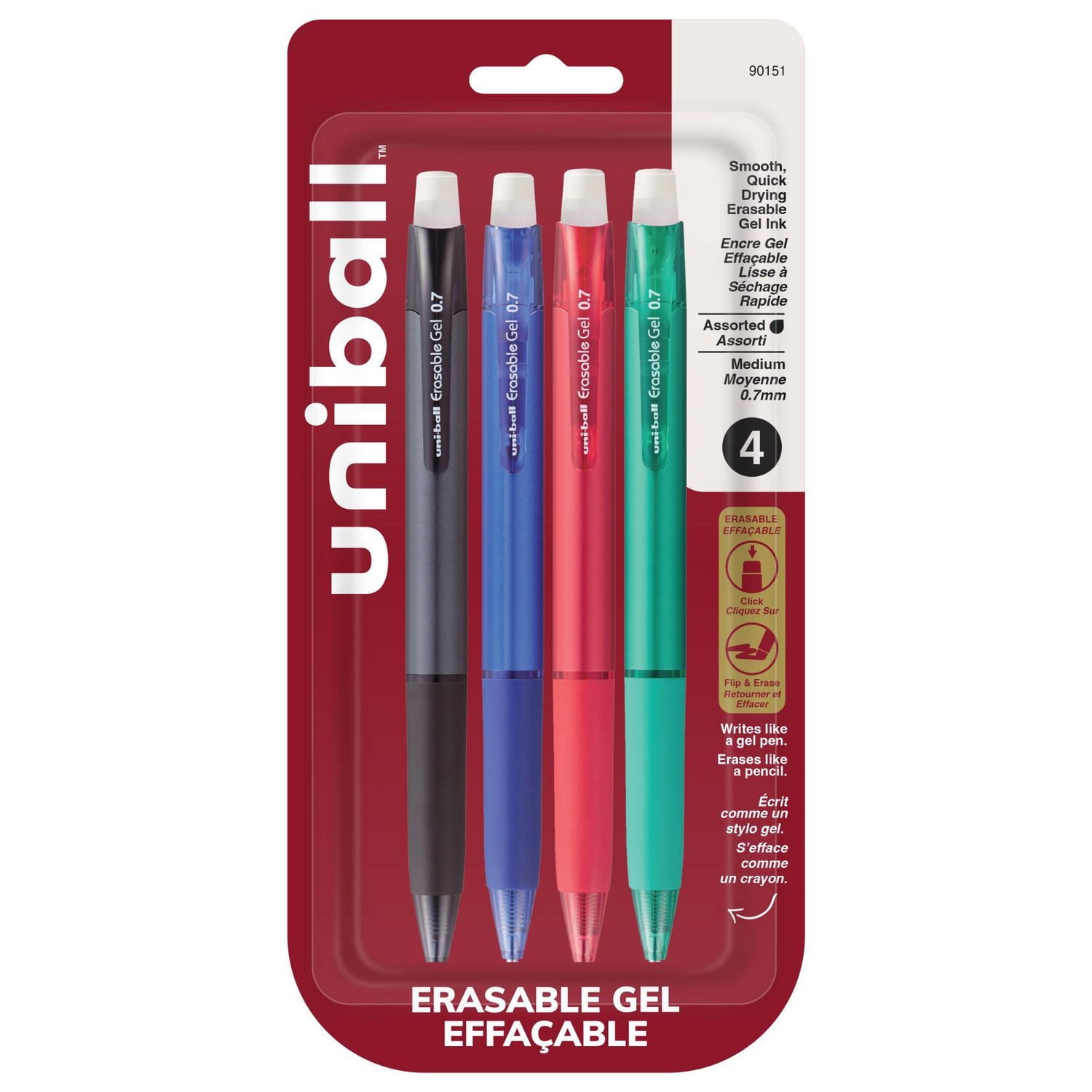 uniball™ Erasable Gel Retractable Pens, Medium Point (0.7mm), Business Colours, 4 Pack