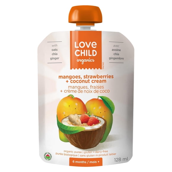Purée mangues, fraises + gingembre Brekky Blends Love Child Organics, 128 ml, sachet