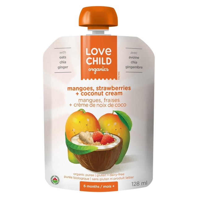 Brekky Blends: Mangues, Fraises + Gingembre Sachet d'Aliments Biologiques pour Bébé par Love Child Organics, Comprenant de l'Avoine Sans Gluten, du chia et de la Crème de Noix de Coco dans un Sachet Sans BPA de 128 ml, Convient aux Bébés de 6 Mois et Plus.