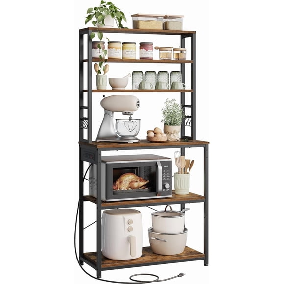 VASAGLE Bakers Rack with Power Outlet, Coffee Bar for Kitchen Storage, 6-Tier Kitchen Shelves, 6 Hooks, Microwave Stand, Rustic Brown and Black