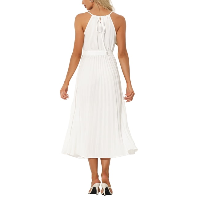 INSPIRE CHIC Robe de Cocktail Plissée Sans Manches à Encolure Licou avec Ceinture, Ligne A, Blanche, TG pour Femme