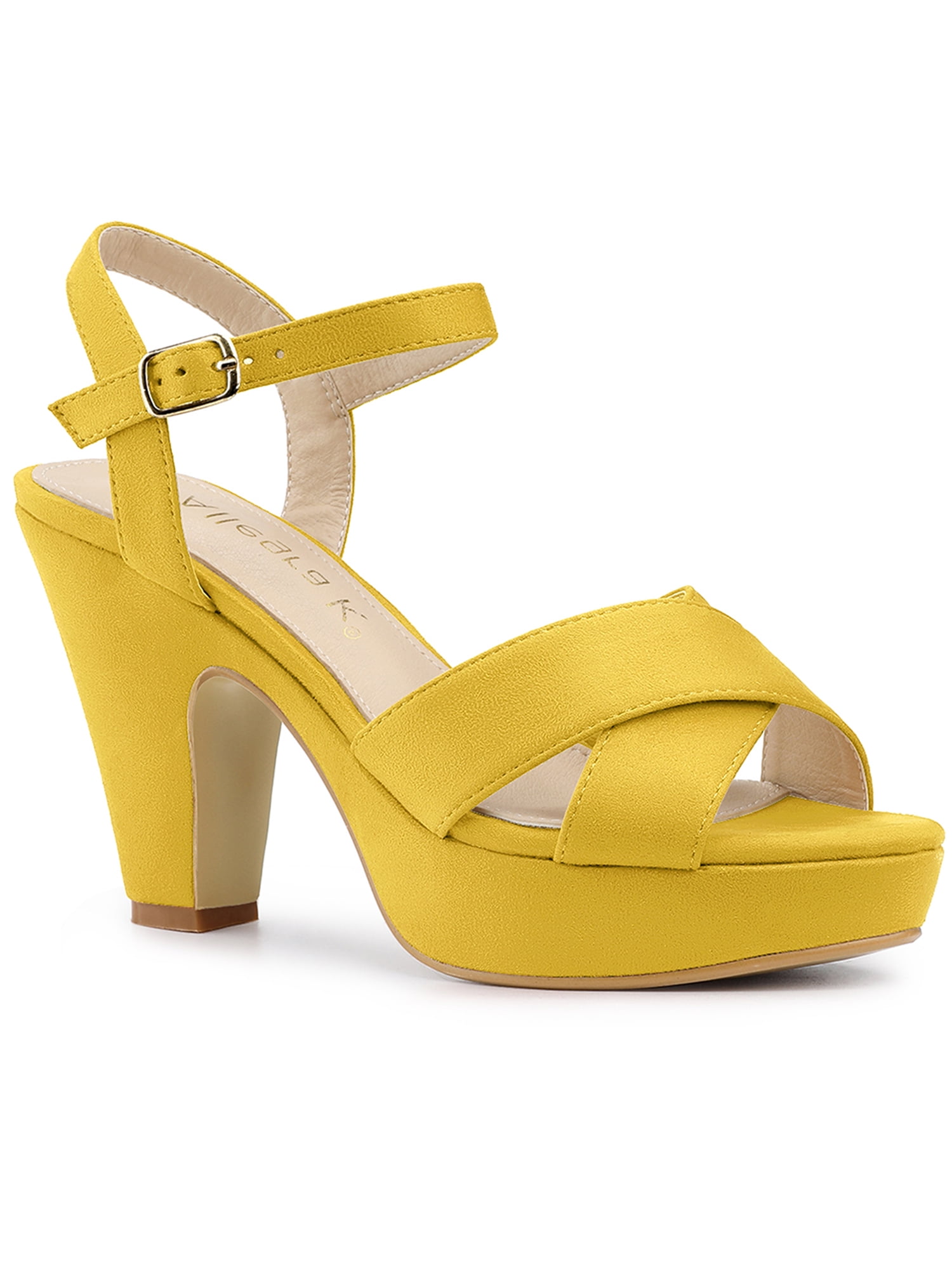 BLISSFUL STEP Women's Platform Chunky Heels Ankle Strap Sandals Yellow (Size 7.5)