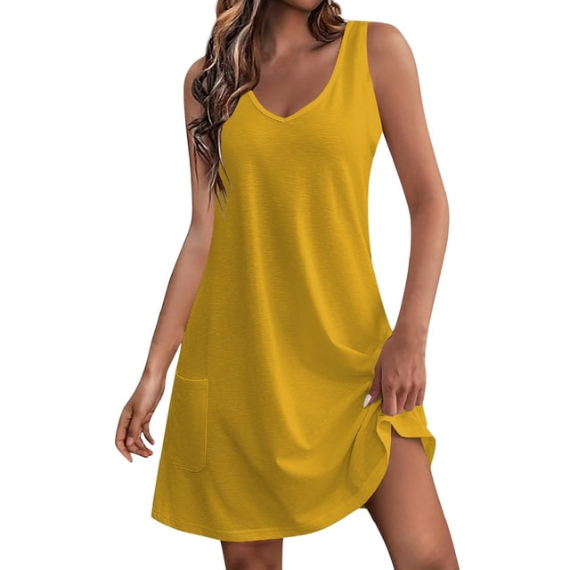 biudgviw Robe Débardeur Midi pour Femme Été Col en V Sans Manches Ligne A Robe T-Shirt Décontractée Ample Robes d'Été avec Poche