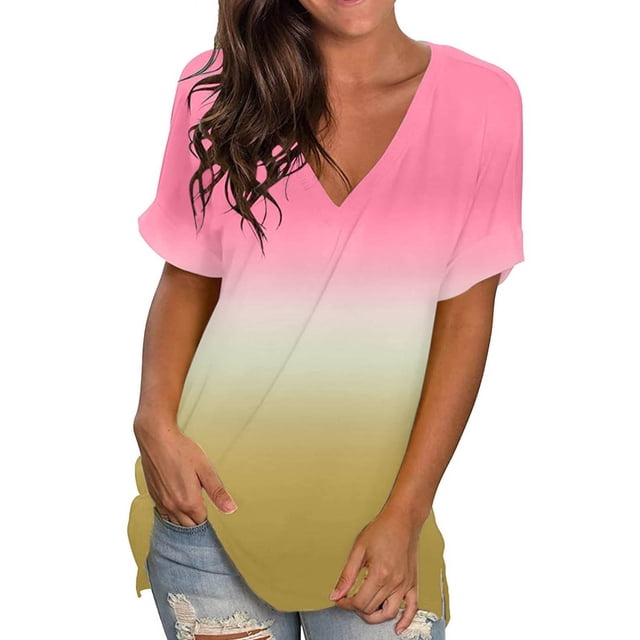 B91xZ T-shirt Basique Femme T Shirts Tops Col Rond Mi-Longueur Manches Courtes Décontracté Tunique, Rose TTG