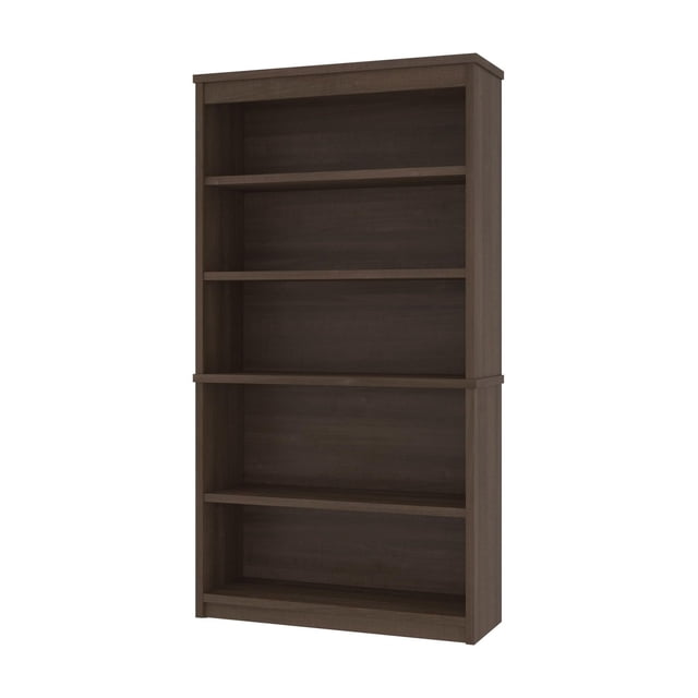 Bestar Universel 36W Bookcase in antigua with five shelves including three adjustable, made of high-density commercial-grade particle board in a dark wood finish, modular two-section design usable together or apart, ideal for office furniture and bookshelves, also suitable for organizing files or display items.