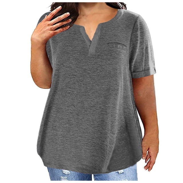 Ladies Top V Neck Fashion Solid Color Short Sleeve Pocket Loose T Shirt