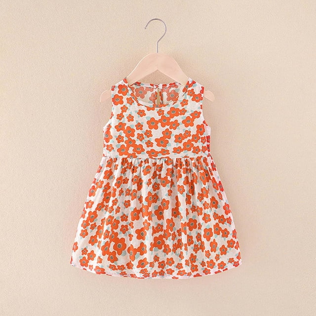 LSLJS Robes d'Été Sans Manches à Fleurs pour Tout-Petites Filles, Robe Décontractée Trapèze pour Jouer, Robes de Fête de Mariage pour Filles ( 4-5 Ans, Orange )