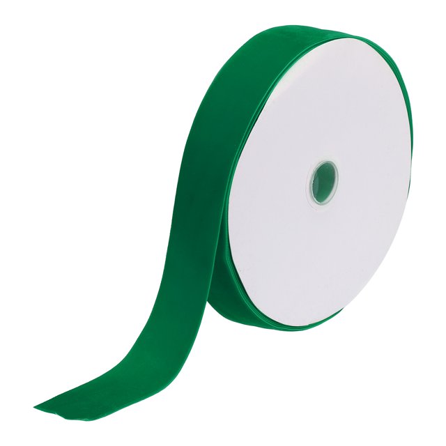 Unique Bargains Velvet Ribbon 1 1/2 Inch x 10 Yard Single Face Spool in dark green, crafted from soft velvet with a silky finish. The ribbon is shown on a white spool with one end unrolled, highlighting its smooth texture and vibrant colour. Perfect for craft ribbon projects, gift wrapping, and decorative uses like bows or table runners.