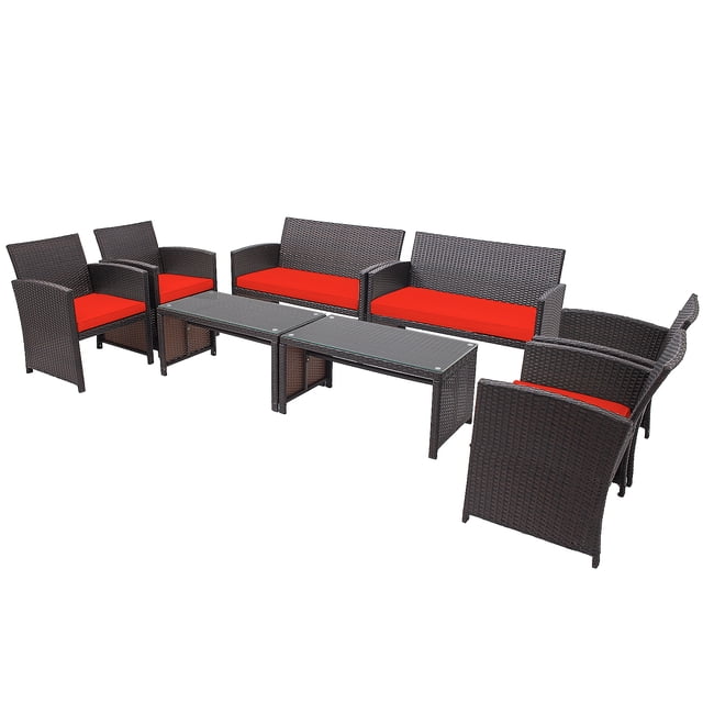 Patiojoy Ensemble de Meubles de Patio Extérieur 8 Pcs Canapés en Rotin Résistants aux Intempéries avec Coussin Doux Rouge