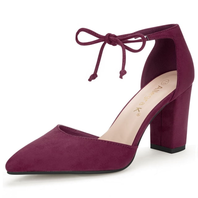 BLISSFUL STEP Women's Ankle Tie Block Heel Pointed Toe Dress Pumps in a rich burgundy color. Features a faux suede upper, pointed toe, and a high block heel measuring 3 3/8 inches. The ankle strap ties into a bow for a secure and elegant fit. Designed with a padded insole for comfort, these dress pumps are ideal for parties, office wear, or casual outings.