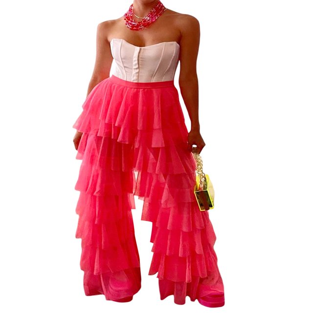 Women High Waist Trim Tulle Mesh Wide Leg Trousers Y2K Casual Solid Chiffon Multi Layer Ruffle Yarn Pants