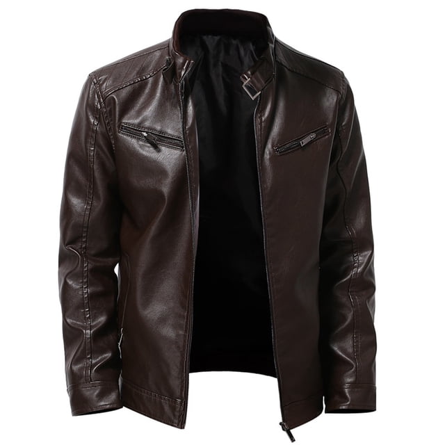 EGNMCR Jackets for Men Men's Leather Plus Fleece Jacket, Motorcycle Jacket, Warm Leather Jacket in a dark brown color. The jacket features a standing collar with a buckle detail, smooth zipper closure, and two zippered chest pockets. Designed for warmth and wind resistance, it is suitable for autumn and winter wear, ideal for daily use, biking, and outdoor activities.