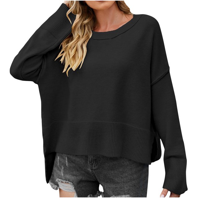 AherBiu Chandail Court pour Femmes Col Ras du Cou Tricoté Chandail Hauts Automne Hiver Tendance Chaud Manches Longues Chandail