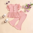 thumbnail image 2 of Plebaso Baby Girls Solid Color Ruffled Sleeve Round Neck Tops Elastic Waist Trousers Two-Piece Set Kids Casual Clothes, 2 of 7