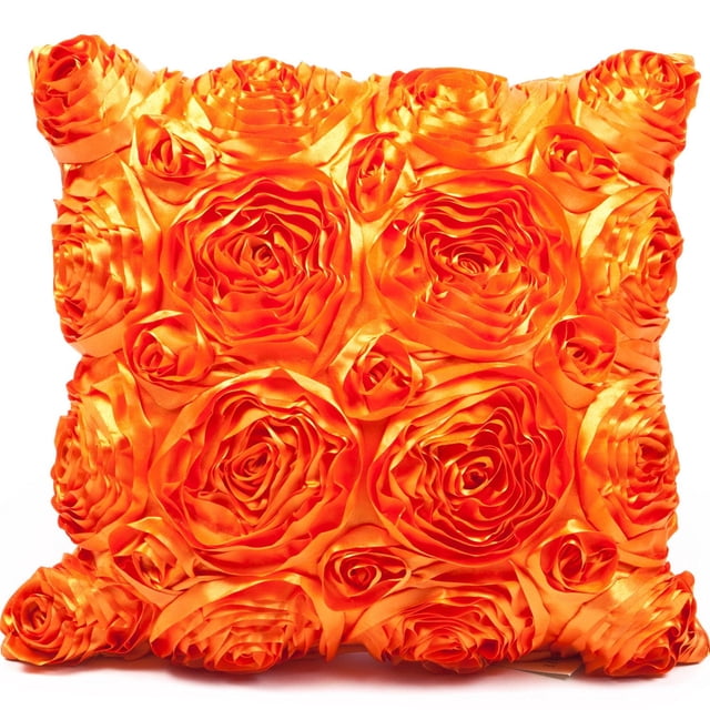 Gouchee Home Rose Cushion in vibrant orange satin fabric featuring handcrafted three-dimensional rose patterns on a 16 by 16 inch square throw pillow, filled with Canadian-made polyester fiber and equipped with a zipper closure for easy cleaning, also suitable as a decorative accent for home décor.