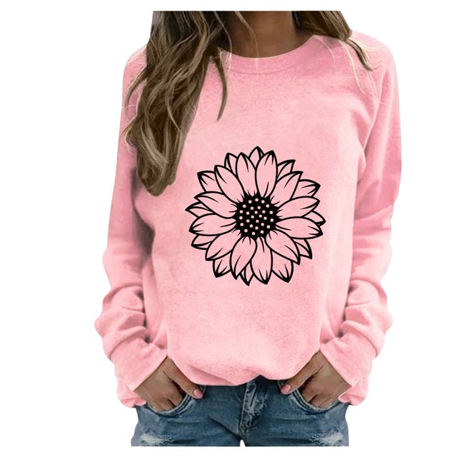Rbaofujie Chandails d'Automne Femmes Mode Décontractée Imprimé Col Rond Ample Manches Longues T-shirt Hauts Blouse Rose Chandails à Capuche et Chandails pour Femmes