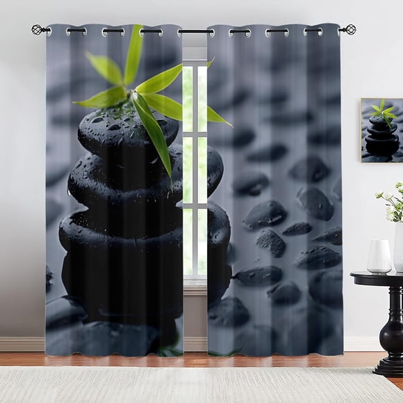 Zen Stone Bamboo Leaf Blackout Curtains, Meditation Style Grommet Window Drapes for Living Room Bedroom Kitchen Home Decor 53"W x 96"L (Pack of 2)