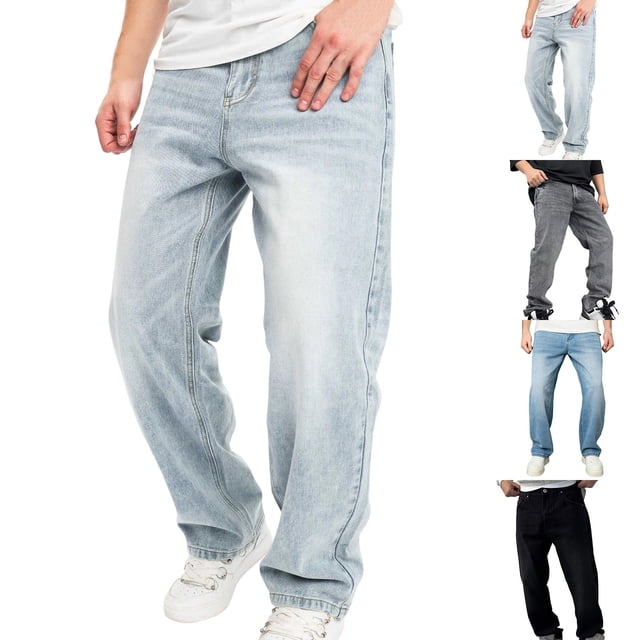 Sentmoon Mens Jeans Denim Jeans Oversized Men's Solid Color Basic Jeans Loose Wide Leg Straight Leg Pants for Everyday Wear and Comfortable Mint Green S