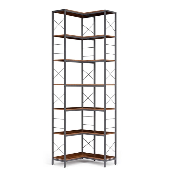 Étagère d'Angle – Bibliothèque Industrielle à 7 Niveaux – Cadre en Bois et Métal – Grand Présentoir Autoportant – Salon, Cuisine et Bureau à Domicile – Brun Rustique