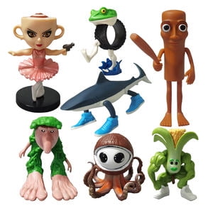 Italian Brainrot figurine blind box by Imports Dragon featuring six collectible silicone figures including a teapot with arms and tutu, a frog on a tire, a shark wearing blue sneakers, an octopus with braided hair, a green plant creature, and a humanoid figure holding a bat, displayed on a white background, often used as desk decor or car accessories.