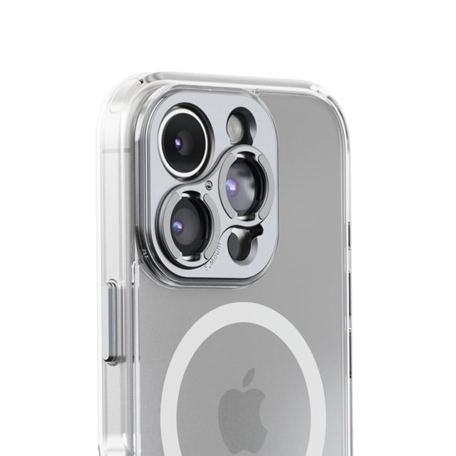 Shiftcam Camera Case for iPhone 16 Pro in clear, featuring a transparent design with precise cutouts for triple camera lenses and flash, a circular MagSafe-compatible ring on the back, and a recycled aluminum side button, suitable for mobile photography and secure lens attachment.