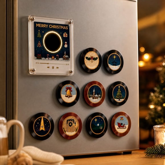 Boîte à Musique Magnétique pour Tourne-Disque Vinyle de Noël, Décoration Aimant de Réfrigérateur Musique Nfc, Cadeau des Fêtes pour la Déco de la Maison