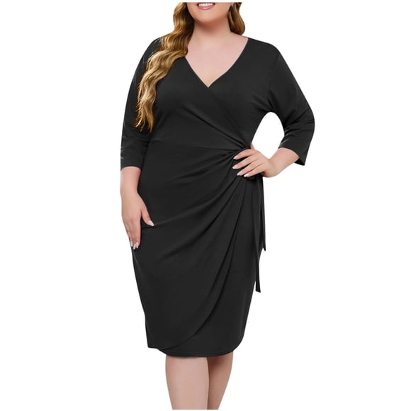 AherBiu Plus Size Dresses for Women Long Sleeve Wrap-Tie Waisted V Neck Comfy Soft Midi Dress Solid Color