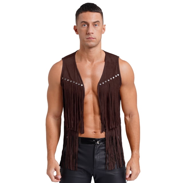 Sxiwei Mens Cowboy Faux Suede Tassel Vest Rivets Fringe Open Front Waistcoat Jacket Khaki L