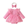 thumbnail image 1 of Besolor Baby Girl Outfit Toddler Ribbed Knit Long Sleeve Mesh Romper Dress with Bow Headband Fall Spring Clothes, 1 of 7