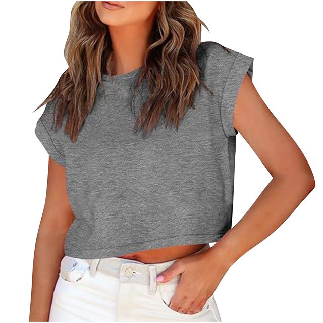 AherBiu Hauts Courts pour Femmes Manches Cap Été Décontracté Basique Haut T-Shirts Chandails Col Rond T-Shirts Confortables