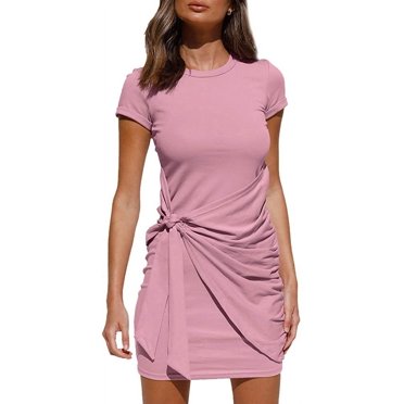Robe d'Été pour Femme Décontractée à Manches Courtes Portefeuille Moulante Froncée à Taille Nouée Mini Robes