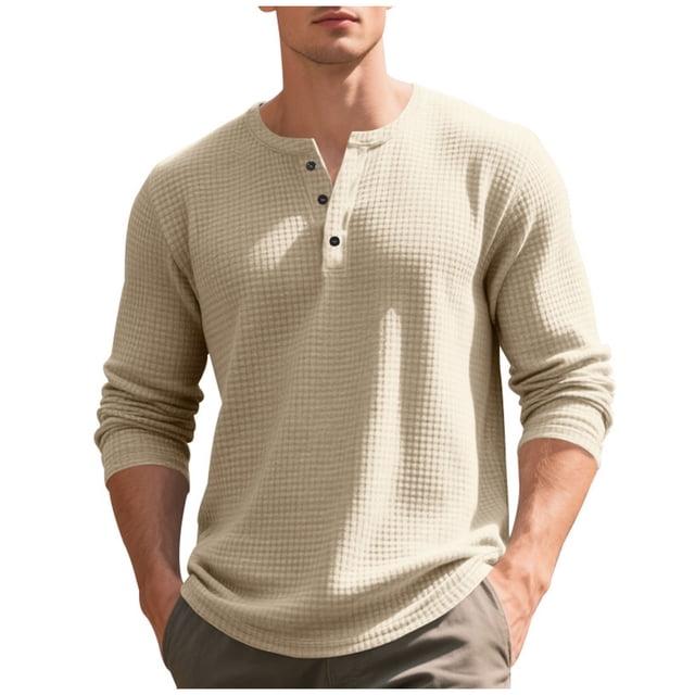 fatyb Casual Shirts for Men Long Sleeve Tshirts Button Pullover Solid Color Mens Lightweight Tee Tops