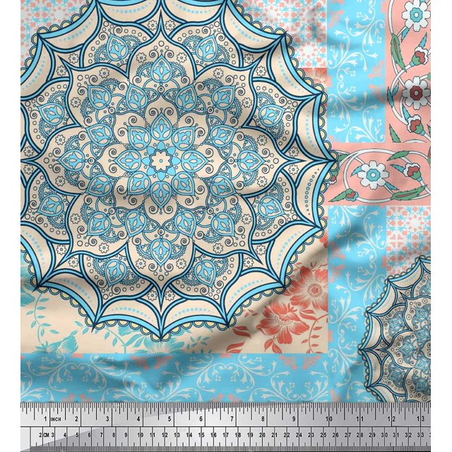 Soimoi Satin Silk Fabric Floral & Mandala Patchwork Print Sewing Fabric Yard 42 Inch Wide