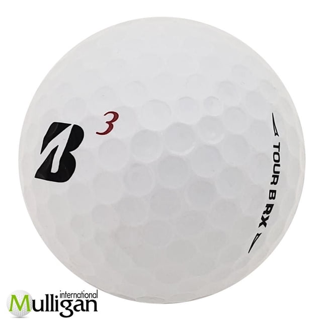 Mulligan - 96 Bridgestone Tour B RX (B) 4A Recycled Used Golf Balls, white dimpled golf ball with black Bridgestone 'B' logo, red number 3, and black 'Tour B RX' branding, eco-friendly recycled ball ideal for advanced golfers and practice use.