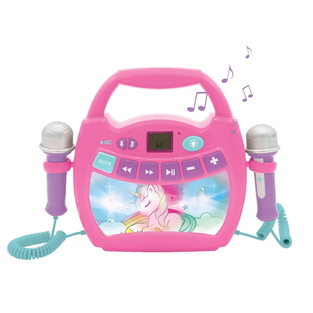 Haut-parleur Bluetooth à Lumière Licorne avec Micros et Batterie Rechargeable par Lexibook, Haut-Parleur Karaoké portable au design Rose et Multicolore Présentant une illustration de Licorne. Comprend Deux microphones avec Effets de Changement de Voix, une Poignée pour un transport Facile, et des options de Connectivité comme Bluetooth, Entrée AUX, USB et Fentes TF (32 Go). Idéal pour les Séances Karaoké pour Enfants, Il Dispose d'Une Lumière Clignotante Qui Se Synchronise à la Musique et d'Une Fonction d'Enregistrement.