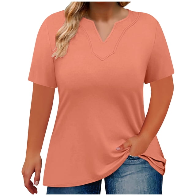 Timegard Plus Size Top for Women V Neck Drop Shoulder Short Sleeve Comfy Solid Color Casual Tee Top
