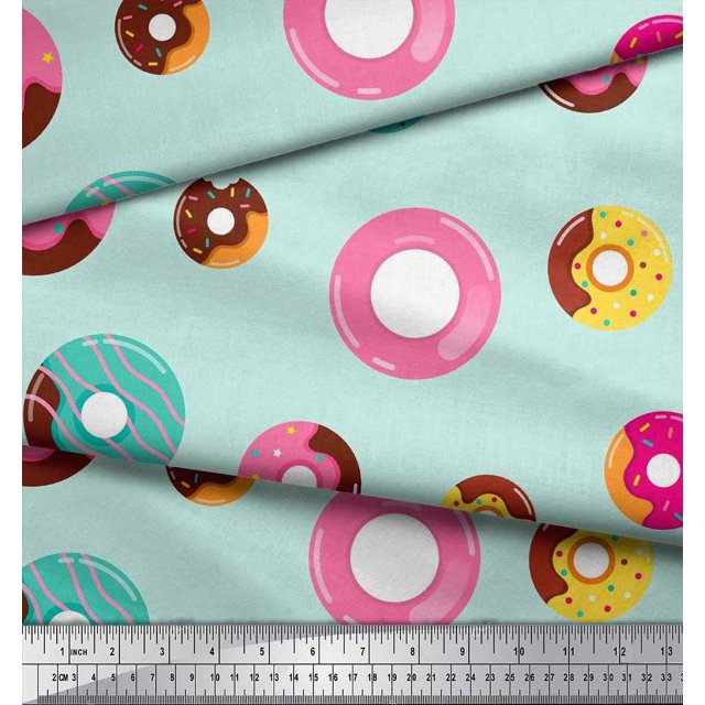 Soimoi Green Modal Satin Fabric Donuts Food Print Fabric by Yard 42 Inch Wide