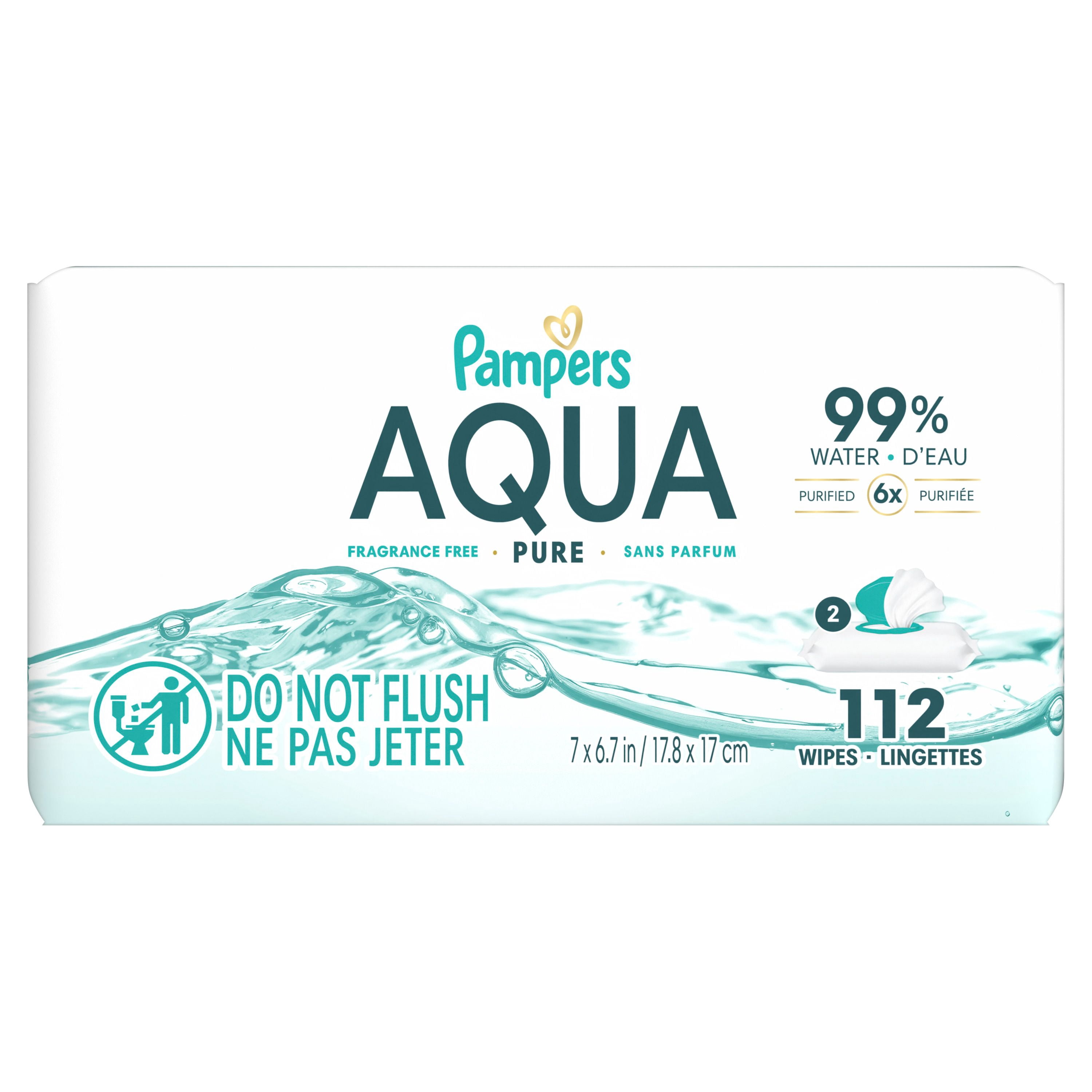 Lingettes pour bébés Pampers Aqua Pure, 99 % d’eau, sans parfum, non parfumées, à base d’eau, lingettes pour bébés à usage multiple, total de 112 lingettes pour bébés (2X emballages rabattables)